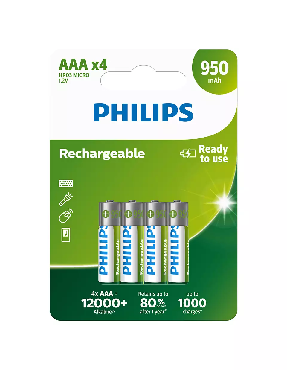Philips R03B4A95/10 Şarj Edilebilir İnce Pil AAA 9