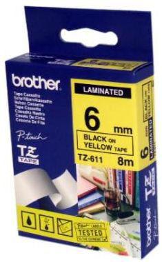 Brother TZ-611 (TZe-611) Black 8 mm On Yellow Label Strip - GL-100